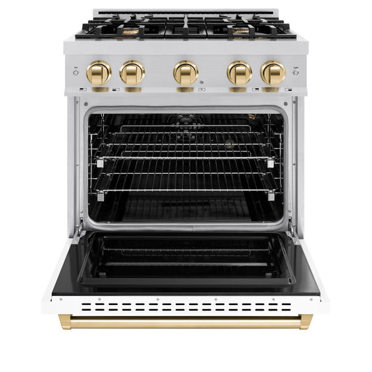 ZLINE Autograph Edition 30 in. Classic Gas Range 4.2 cu. ft. with 4 Burners and Convection Gas Oven in Satin Stainless Steel with White Matte Door and Polished Gold Accents (CGRSZ-WM-30-G)