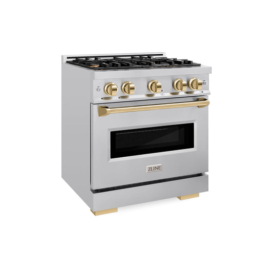 ZLINE 30 in. Gas Range 4.2 cu. ft. 4 Burner Stainless Steel with Polished Gold Accents (CGRZ-30-G)