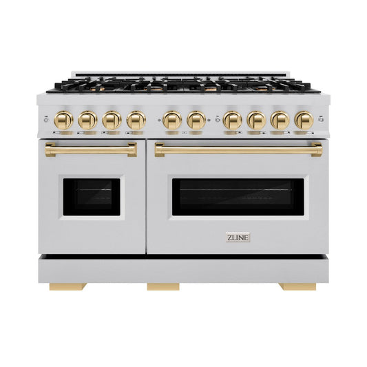 ZLINE 48 in. Gas Range Double Oven 6.7 cu. ft. 8 Burners Stainless Steel with Polished Gold Accents (CGRZ-48-G)