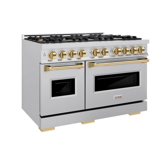 ZLINE 48 in. Gas Range Double Oven 6.7 cu. ft. 8 Burners Stainless Steel with Polished Gold Accents (CGRZ-48-G)