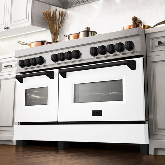 ZLINE Autograph 60 in. Legacy Dual Fuel Range with 9 Gas Burners and Double Electric Convection Ovens, 7.4 cu. ft., Satin Stainless Steel with White Matte Doors and Matte Black Accents (RASZ-WM-60-MB)