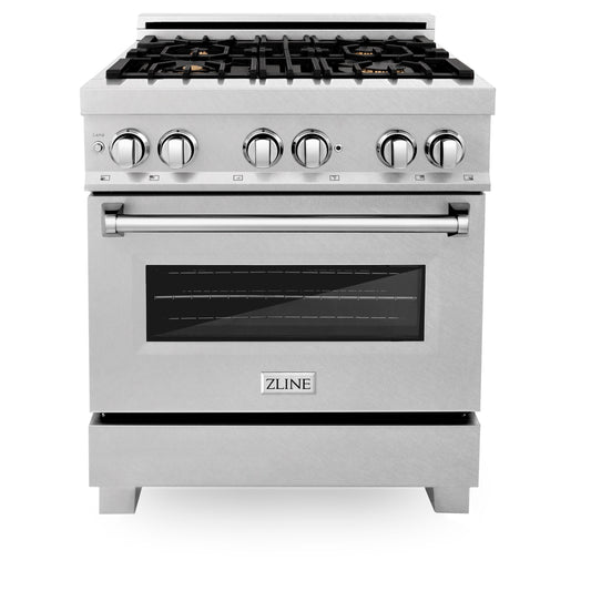 ZLINE 30 in. Legacy Dual Fuel Range, 4.0 cu. ft., Gas Cooktop with 4 Brass Burners and Griddle, Electric Convection Oven, Satin Stainless Steel, Model RAS-SN-BR-GR-30