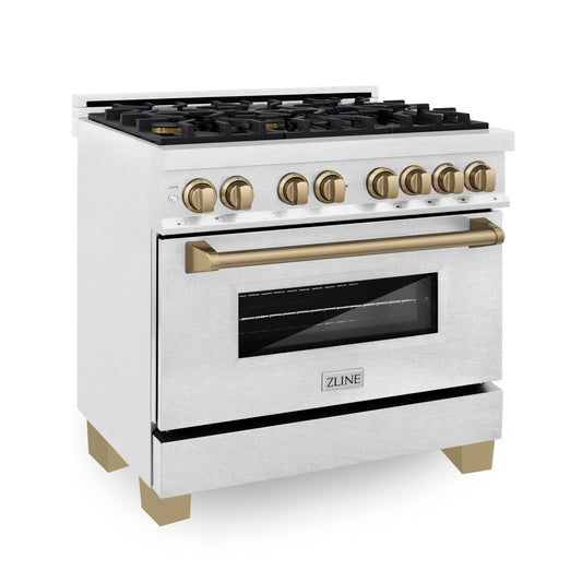 ZLINE Autograph Edition 36 in. 4.6 cu. ft. Legacy Dual Fuel Range with 6 Burner Gas Cooktop and Electric Convection Oven in Satin Stainless Steel with Champagne Bronze Accents (RASZ-SN-36-CB)