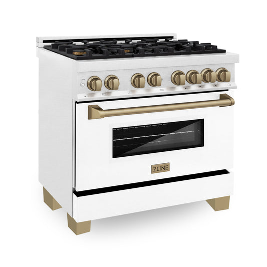 ZLINE Autograph Edition 36 in. 4.6 cu. ft. Legacy Dual Fuel Range with 6 Sealed Gas Burners and Electric Convection Oven in Satin Stainless Steel with White Matte Door and Champagne Bronze Accents (RASZ-WM-36-CB)