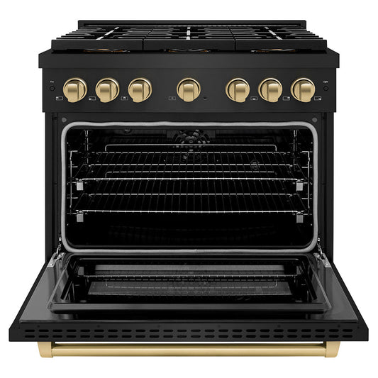 ZLINE 36 in. Dual Fuel Range 5.2 cu. ft. 6 Burner DuoPro™ Cooktop Electric Convection Oven Black Stainless Steel Champagne Bronze Accents (PSDRBZ-36-CB)