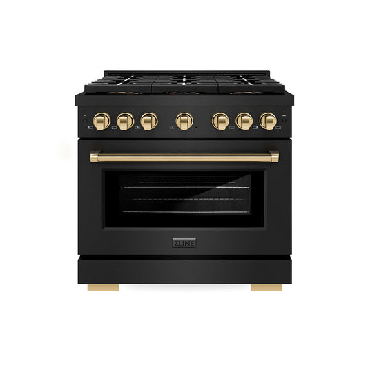 ZLINE 36 in. Dual Fuel Range 5.2 cu. ft. with 6 Burner DuoPro™ Cooktop, Electric Convection Oven, Black Stainless Steel & Polished Gold Accents (PSDRBZ-36-G)