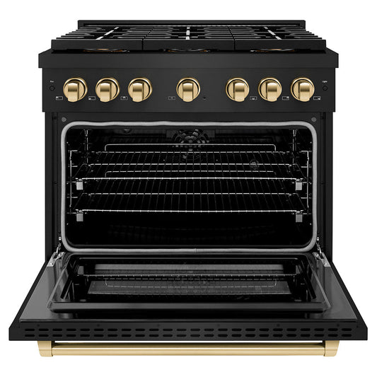 ZLINE 36 in. Dual Fuel Range 5.2 cu. ft. with 6 Burner DuoPro™ Cooktop, Electric Convection Oven, Black Stainless Steel & Polished Gold Accents (PSDRBZ-36-G)