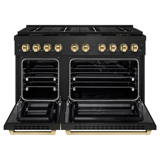 ZLINE 48 in. Dual Fuel Range 6.7 cu. ft. with 8 Burner DuoPro™ Cooktop, Dual Ovens, Black Stainless Steel & Polished Gold Accents (PSDRBZ-48-G)