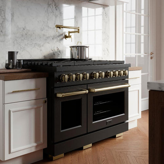 ZLINE Autograph Edition 48 in. Paramount Double Oven Dual Fuel Range with 8 Gas Burners in Black Stainless Steel with Champagne Bronze Accents, 6.7 cu. ft., SDRBZ-48-CB