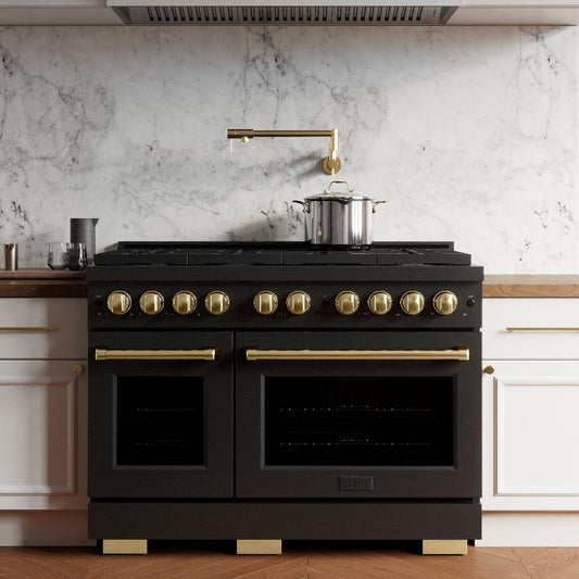 ZLINE Autograph Edition 48 in. 6.7 cu. ft. Paramount Double Oven Dual Fuel Range with 8 Burner Gas Cooktop in Black Stainless Steel with Polished Gold Accents (SDRBZ-48-G)