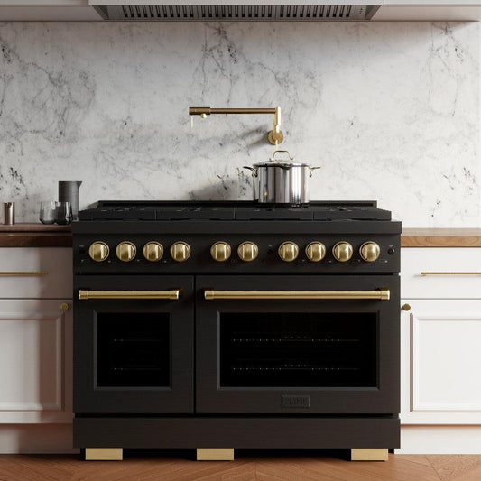ZLINE Autograph Edition 48 in. 6.7 cu. ft. Paramount Double Oven Gas Range with 8 Burners in Black Stainless Steel with Gold Accents (SGRBZ-48-G)
