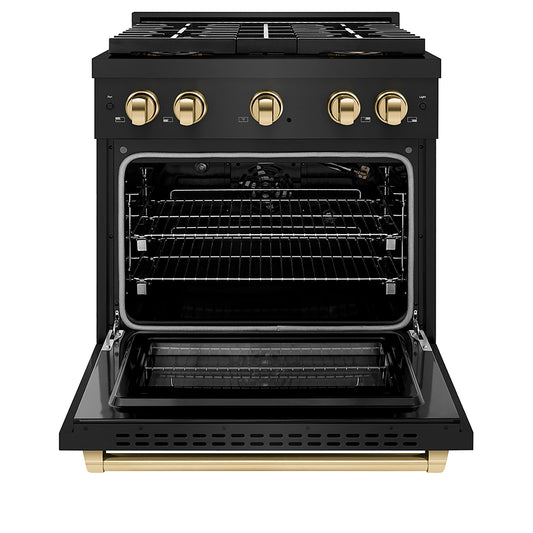 ZLINE 30 in. Gas Range 4.2 cu. ft. 4 Burner DuoPro™ Cooktop Convection Oven Black Stainless Steel Polished Gold Accents (PSGRBZ-30-G)