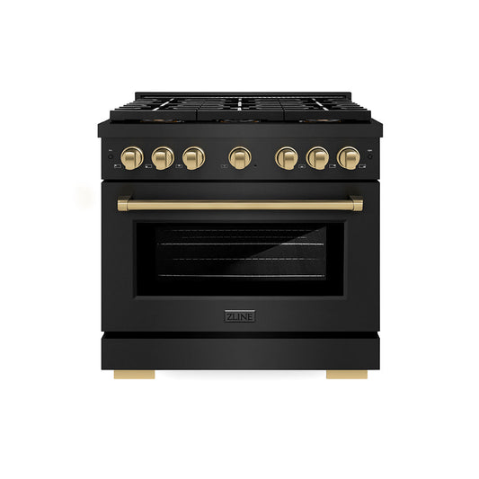 ZLINE 36 in. Gas Range – Paramount Series – 5.2 cu. ft. Capacity – 6 Burner DuoPro™ Cooktop, Convection Gas Oven, Black Stainless Steel with Champagne Bronze Accents (PSGRBZ-36-CB)