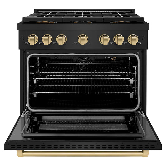 ZLINE 36 in. Gas Range – Paramount Series – 5.2 cu. ft. Capacity – 6 Burner DuoPro™ Cooktop, Convection Gas Oven, Black Stainless Steel with Champagne Bronze Accents (PSGRBZ-36-CB)