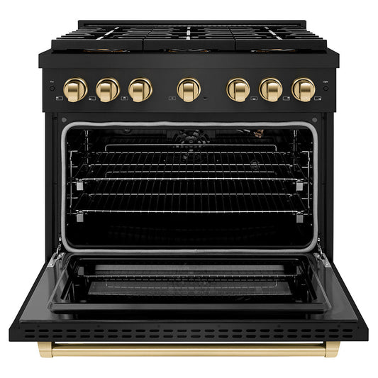 ZLINE 36 in. Gas Range 5.2 cu. ft. 6 Burner DuoPro™ Cooktop Convection Gas Oven Black Stainless Steel with Polished Gold Accents (PSGRBZ-36-G)