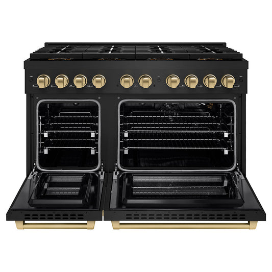 ZLINE 48 in. Gas Range 6.7 cu. ft. 8 Burner DuoPro™ Cooktop Dual Ovens Black Stainless Steel with Champagne Bronze Accents (PSGRBZ-48-CB)