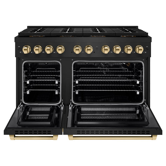 ZLINE 48 in. Gas Range – Paramount Series – 6.7 cu. ft. Dual Oven Capacity – 8 Burner DuoPro™ Cooktop – Black Stainless Steel with Polished Gold Accents (PSGRBZ-48-G)