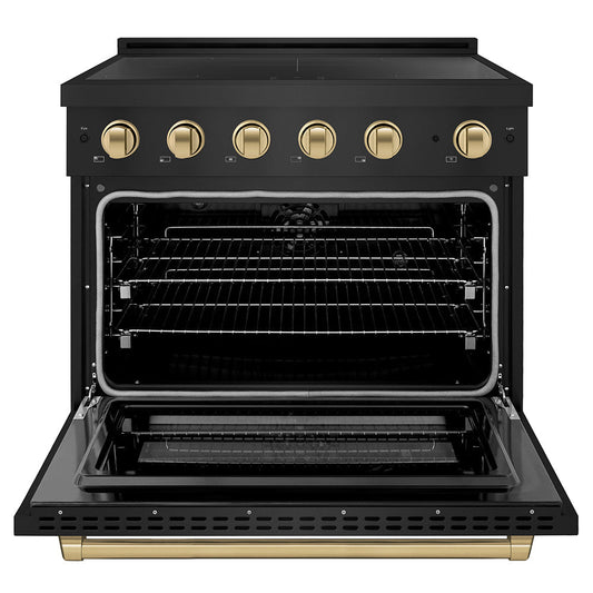 ZLINE 36 in. Induction Range 5.2 cu. ft. 5 Element Cooktop Electric Convection Oven Black Stainless Steel Polished Gold Accents (SINRBZ-36-G)