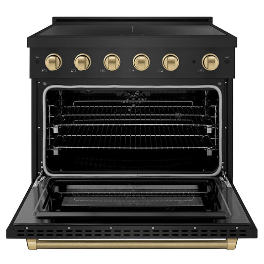 ZLINE 36 in. Induction Range 5.2 cu. ft. 5 Element Cooktop Electric Convection Oven Black Stainless Steel Champagne Bronze Accents (SINRBZ-36-KCB)