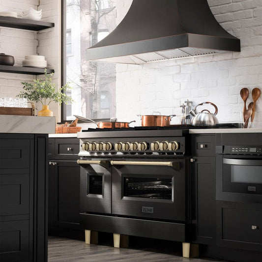 ZLINE Autograph 48-Inch Dual Fuel Range, 6.0 Cu. Ft., Black Stainless Steel with Gold Accents (RABZ-48-G)