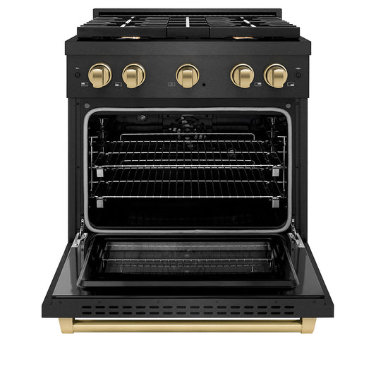 ZLINE 30 in. Dual Fuel Range 4.2 cu. ft. 4 Burner Gas Cooktop Convection Oven Black Satin Stainless Steel Champagne Bronze Accents (SDRBSZ-30-CB)