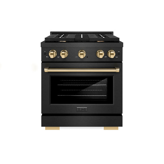 ZLINE 30 in. Dual Fuel Range 4.2 cu. ft. 4 Burner Gas Cooktop Black Satin Stainless Steel with Gold Accents (SDRBSZ-30-G)