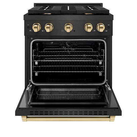 ZLINE 30 in. Dual Fuel Range 4.2 cu. ft. 4 Burner Gas Cooktop Black Satin Stainless Steel with Gold Accents (SDRBSZ-30-G)