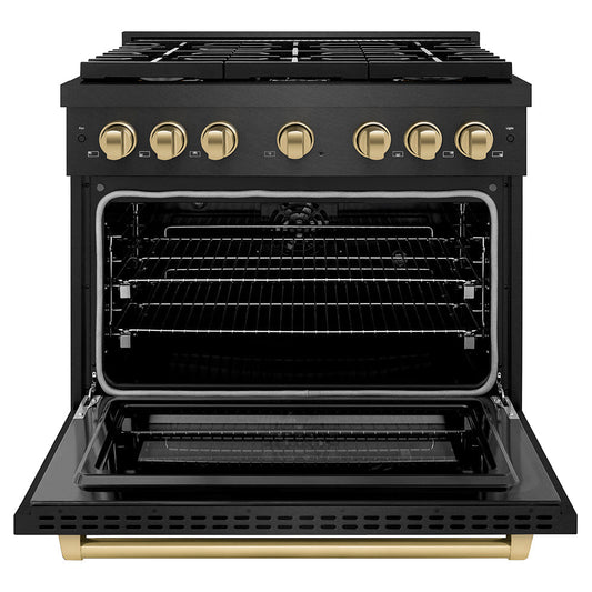 ZLINE 36 in. Dual Fuel Range 5.2 cu. ft. 6 Burner Gas Cooktop Convection Oven Black Satin Stainless Steel Champagne Bronze Accents (SDRBSZ-36-CB)