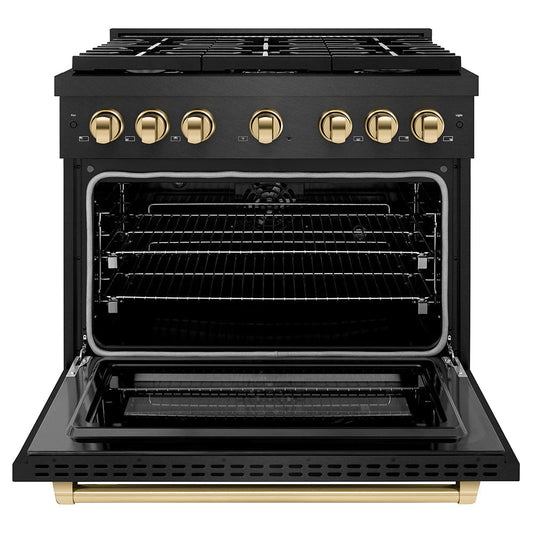 ZLINE 36 in. Dual Fuel Range 5.2 cu. ft. 6 Burner Gas Cooktop Black Satin Stainless Steel Gold Accents (SDRBSZ-36-G)