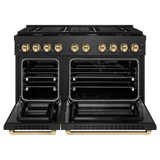 ZLINE 48 in. Dual Fuel Range 6.7 cu. ft. 8 Burner Gas Cooktop Black Satin Stainless Steel with Gold Accents (SDRBSZ-48-G)
