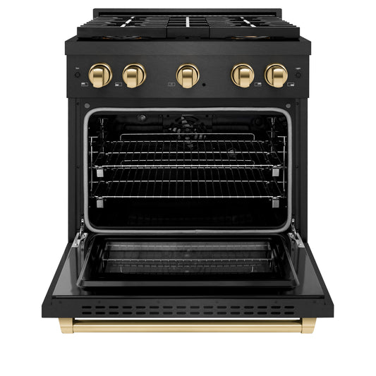 ZLINE 30 in. Dual Fuel Range 4.2 cu. ft. 4 Burner DuoPro™ Cooktop Black Satin Stainless Steel with Polished Gold Accents (PSDRBSZ-30-G)