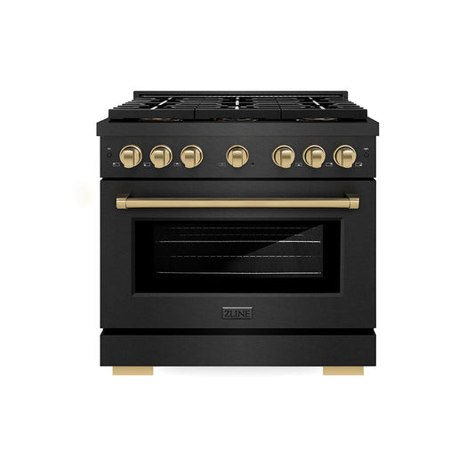 ZLINE 36 in. Dual Fuel Range 5.2 cu. ft. 6 Burners DuoPro™ Cooktop Black Satin Stainless Steel Champagne Bronze Accents (PSDRBSZ-36-CB)