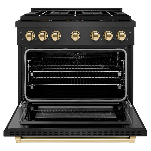 ZLINE 36 in. Dual Fuel Range 5.2 cu. ft. 6 Burner DuoPro™ Cooktop Black Satin Stainless Steel with Gold Accents (PSDRBSZ-36-G)