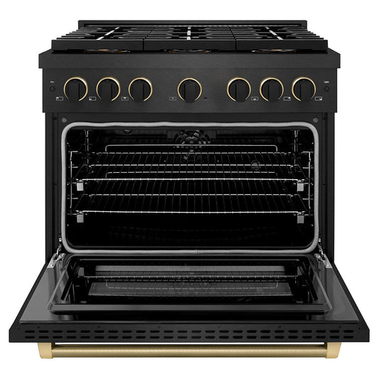 ZLINE 36 in. Dual Fuel Range 5.2 cu. ft. 6 Burner DuoPro Cooktop Black Satin with Black & Champagne Accents (PSDRBSZ-36-MBCB)