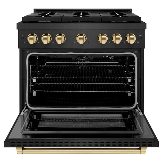 ZLINE 36 in. Gas Range 6 Burner Cooktop 5.2 cu. ft. Convection Oven Black Satin Stainless Steel with Gold Accents (SGRBSZ-36-G)