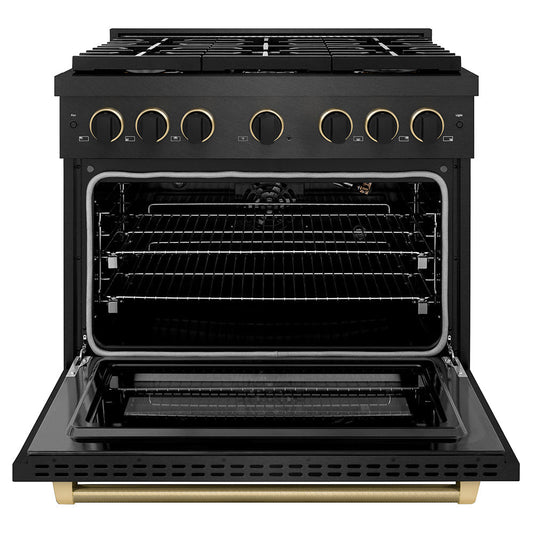 ZLINE 36 in. Gas Range 5.2 cu. ft. 6 Burner Cooktop Black Satin Stainless Steel Matte Black Champagne Bronze Accents (SGRBSZ-36-MBCB)