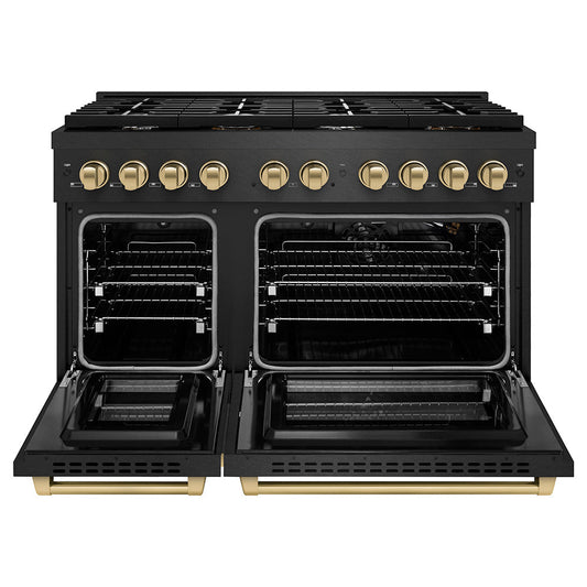 ZLINE 48 in. Gas Range Double Oven 6.7 cu. ft. 8 Burner Cooktop Black Satin Stainless Steel Champagne Bronze Accents (SGRBSZ-48-CB)