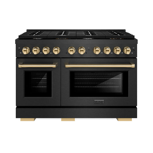 ZLINE 48 in. Gas Range Double Oven 6.7 cu. ft. 8 Burners Black Satin Stainless Steel with Gold Accents (SGRBSZ-48-G)