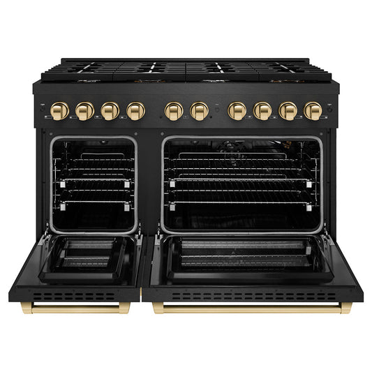 ZLINE 48 in. Gas Range Double Oven 6.7 cu. ft. 8 Burners Black Satin Stainless Steel with Gold Accents (SGRBSZ-48-G)