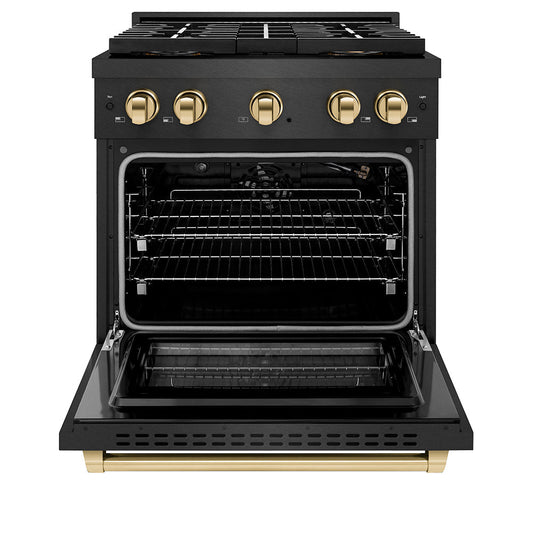 ZLINE 30 in. Gas Range 4 Burner DuoPro™ Cooktop 4.2 cu. ft. Black Satin Stainless Steel with Gold Accents (PSGRBSZ-30-G)