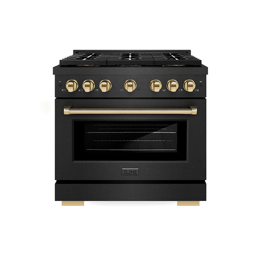 ZLINE 36 in. Gas Range 5.2 cu. ft. 6 Burner DuoPro™ Cooktop Black Satin Stainless Steel with Polished Gold Accents (PSGRBSZ-36-G)