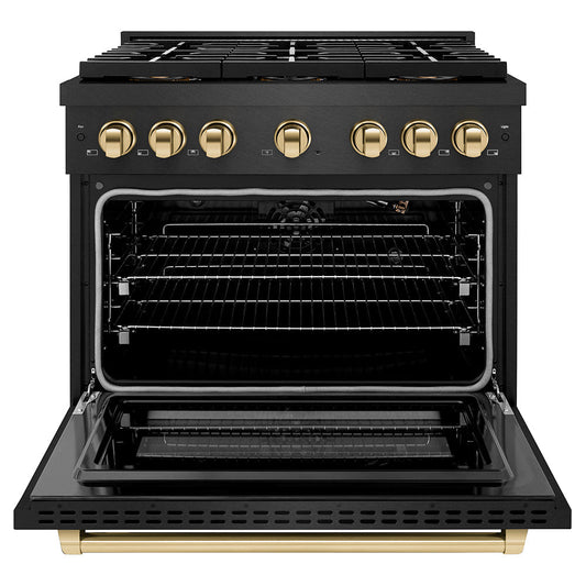 ZLINE 36 in. Gas Range 5.2 cu. ft. 6 Burner DuoPro™ Cooktop Black Satin Stainless Steel with Polished Gold Accents (PSGRBSZ-36-G)