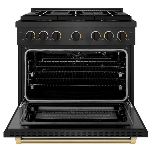 ZLINE 36 in. Gas Range 5.2 cu. ft. 6 Burner DuoPro™ Cooktop Black Satin Stainless Steel with Black & Champagne Bronze Accents (PSGRBSZ-36-MBCB)