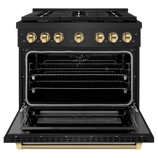 ZLINE 36 in. Dual Fuel Range 5.2 cu. ft. 6 Burners Gas Cooktop Electric Convection Oven Black Stainless Steel Polished Gold Accents (SDRBZ-36-KG)