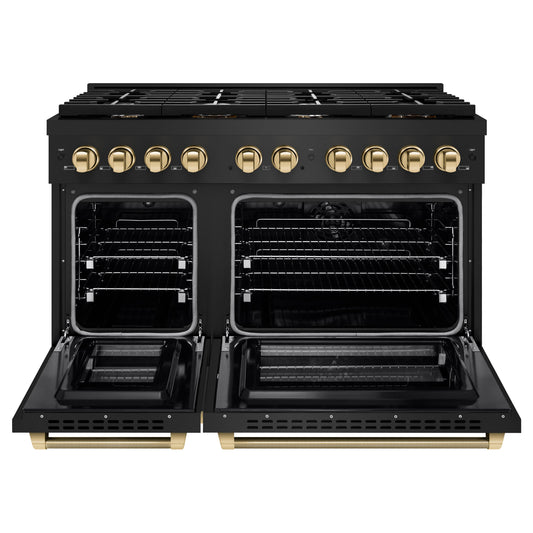 ZLINE 48 in. Dual Fuel Range Double Oven 6.7 cu. ft. 8 Burner Gas Cooktop Black Stainless Steel Polished Gold Helix Handles (SDRBZ-48-KG)