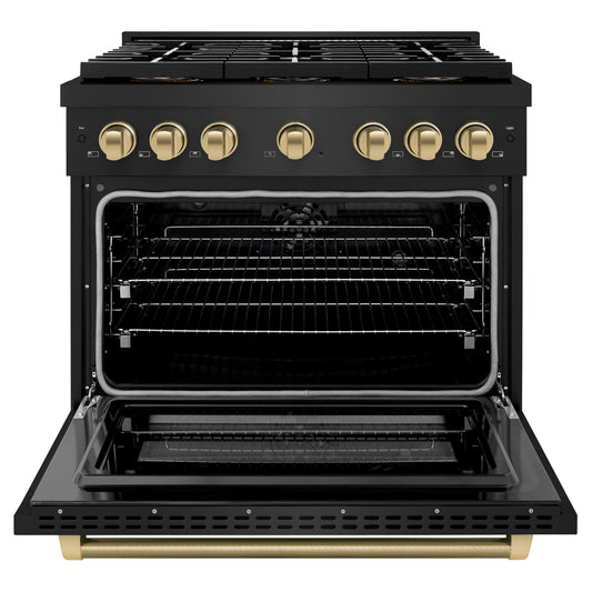 ZLINE 36 in. Dual Fuel Range 5.2 cu. ft. 6 Burner DuoPro™ Cooktop Electric Convection Oven Black Stainless Steel Champagne Bronze Helix Handle (PSDRBZ-36-KCB)
