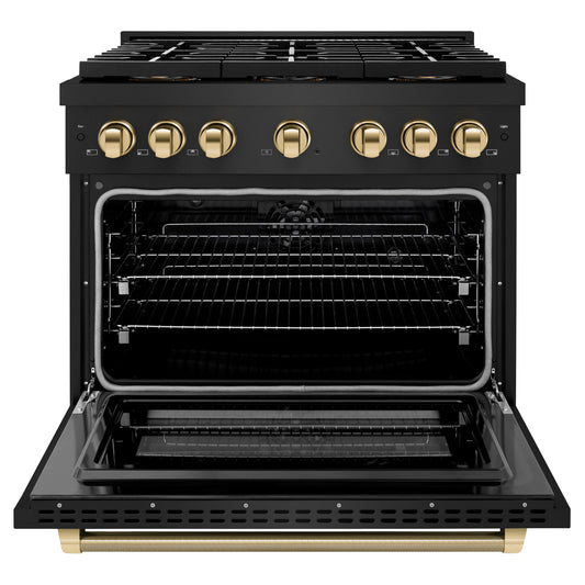 ZLINE 36 in. Dual Fuel Range 5.2 cu. ft. 6 Burner DuoPro™ Cooktop Electric Convection Oven Black Stainless Steel Polished Gold Helix Handle (PSDRBZ-36-KG)