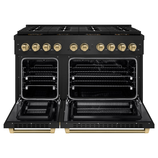 ZLINE 48 in. Dual Fuel Range 6.7 cu. ft. 8 Burner DuoPro Cooktop Dual Oven Black Stainless Steel Champagne Bronze Helix Handles (PSDRBZ-48-KCB)