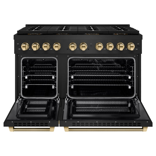 ZLINE 48 in. Dual Fuel Range 6.7 cu. ft. 8 Burner DuoPro Cooktop Dual Ovens Black Stainless Steel Polished Gold Helix Handles (PSDRBZ-48-KG)