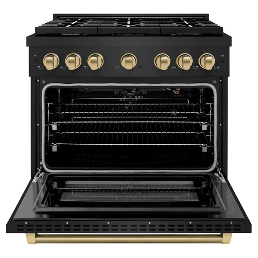 ZLINE 36 in. Gas Range 5.2 cu. ft. 6 Burner Cooktop Convection Gas Oven Black Stainless Steel Champagne Bronze Helix Handle Accents (SGRBZ-36-KCB)